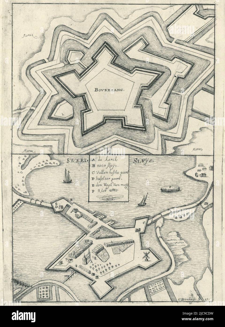 Plans of the fortifications of Boertange and Zwartsluis. This print is one of a group of twelve, mostly etched and published by Gaspar Bouttats, depicting views of fortresses and towns captured by the French and the Bishop of Munster in 1672. Plans of the fortresses at Boertange and Zwartsluis, captured by the French or Munster, 1672 Twelve views of fortresses and cities captured by the French and the Bishop of Munster in 1672 Picture of some cities and fortifications of which differente soo ghe won and surrendered to his Majesty the Prince of France Lodovicus XIV and to his Serene Highness Stock Photo