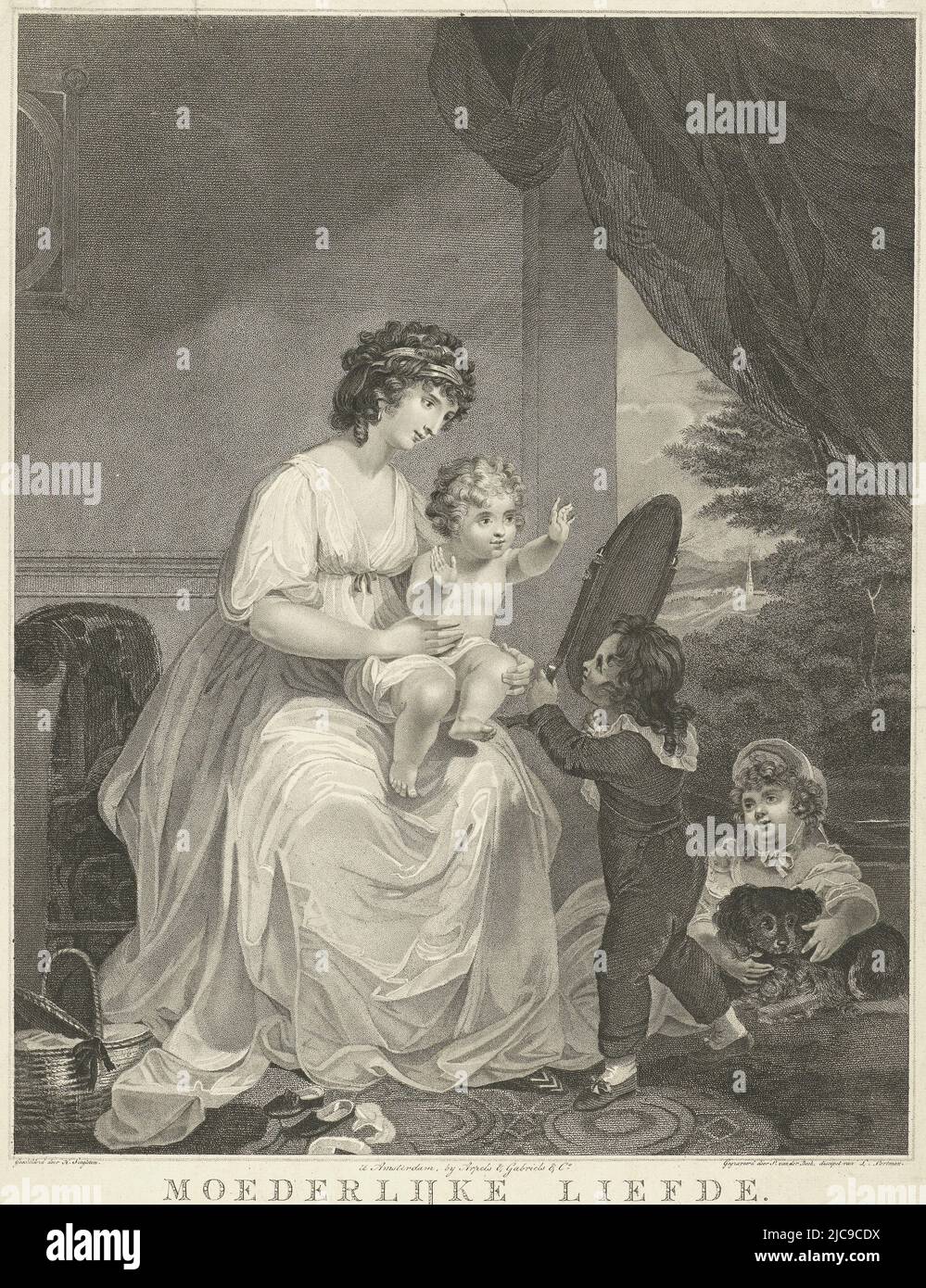 Mother with Three Children in Interior Motherly Love , print maker: Pieter van der Beek, (mentioned on object), after: Henry Singleton, (mentioned on object), publisher: Arpels & Gabriels & Co., (mentioned on object), Amsterdam, 1800 - 1821, paper, etching, h 515 mm × w 376 mm Stock Photo