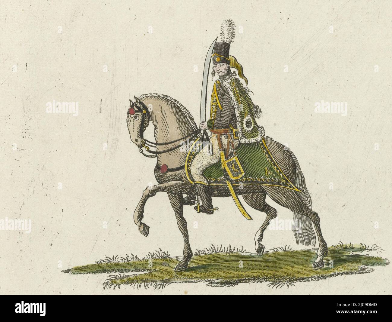 Hussar in uniform on horseback. Part of the series of prints of uniforms of the legion of Frederick III Rhine Count of Salm, in the service of the Republic in 1785, Hussar Hussar Officer Uniforms of the legion of the Rhine Count of Salm, 1785 Illustration of the uniforms of the legion of light troops of the highborn Lord Frederick of the Roman Empire, Rhine Count of Salm , print maker: anonymous, publisher: Arend Stubbe, Rijngraaf van Salm Frederik III, print maker: Northern Netherlands, publisher: Utrecht, 1785, paper, etching, h 145 mm × w 195 mm Stock Photo