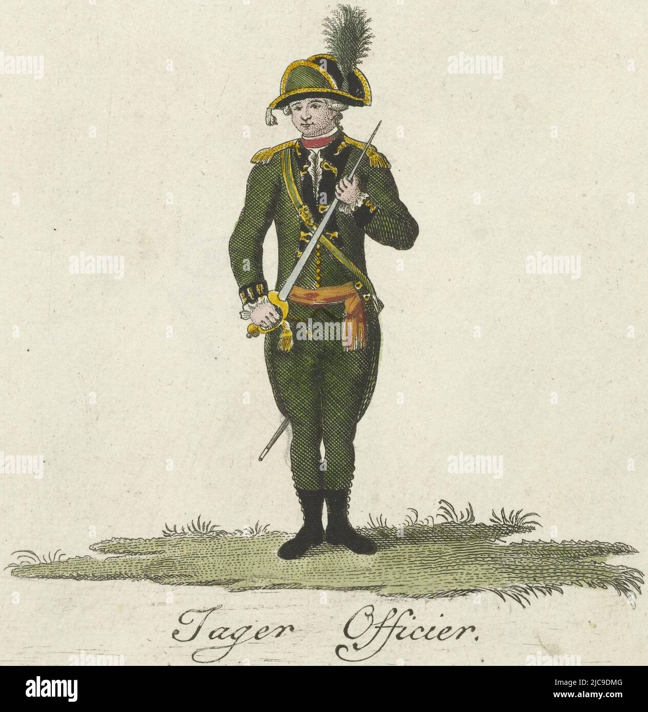 Standing hunter in uniform. Part of the print series of uniforms of the legion of Frederick III Rhine Count of Salm, in the service of the Republic in 1785. Hunter Hunter Officer Uniforms of the Legion of the Rhine Count of Salm, 1785 Illustration of the uniforms of the legion of light troops of the highborn Lord Frederick Des H. Roomschen Rijcks Rhine Count of Salm , print maker: anonymous, publisher: Arend Stubbe, Rijngraaf van Salm Frederik III, print maker: Northern Netherlands, publisher: Utrecht, 1785, paper, etching, h 145 mm × w 195 mm Stock Photo