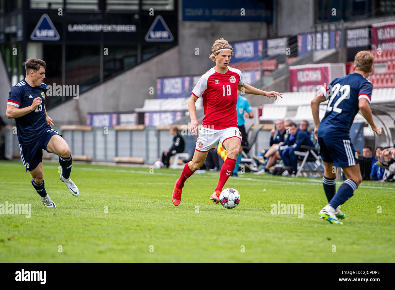 Vejle, Denmark. 10th June, 2022. Maurits Kjaergaard (18) of Denmark seen during the U21 qualifier match between Denmark and Scotland at Vejle Stadion in Vejle. (Photo Credit: Gonzales Photo/Alamy Live News Stock Photo