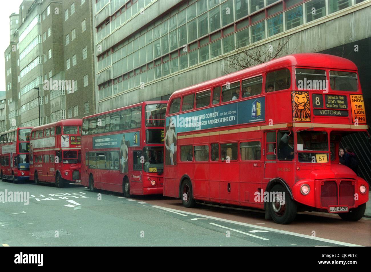 London red double-decker buses parked in a queue Stock Photo