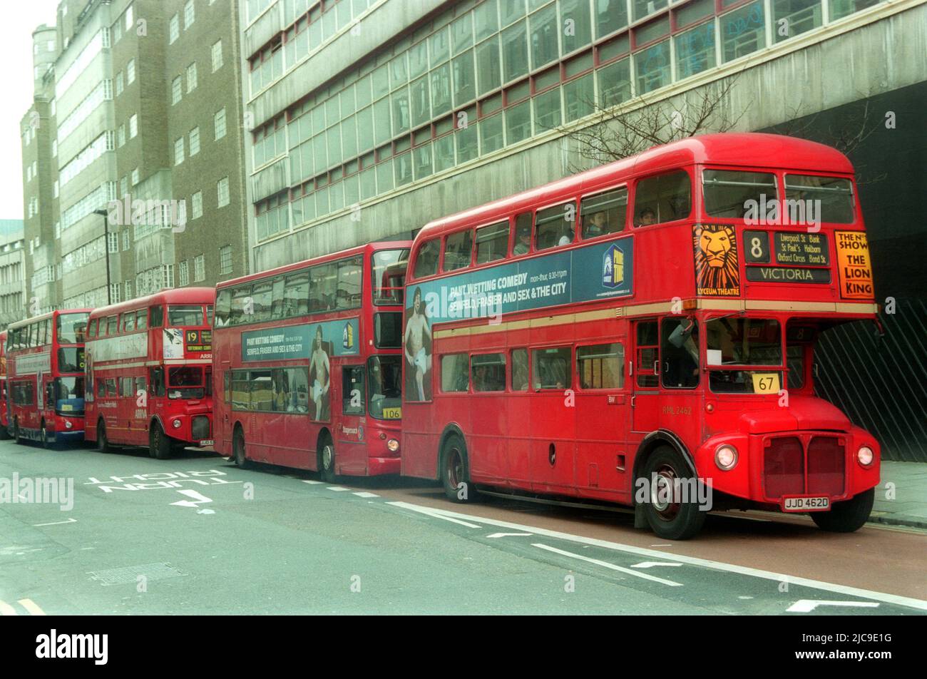 London red double-decker buses parked in a queue Stock Photo