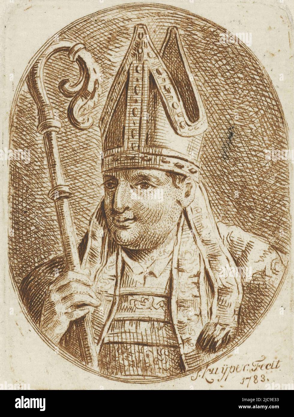 Portrait bust of St. Boniface in an oval to the left. Boniface wears a mitre on his head and holds in his right hand a bishop's staff. Portrait of St. Boniface, print maker: Jacques Kuyper, (mentioned on object), 1783, paper, etching, h 70 mm - w 51 mm Stock Photo