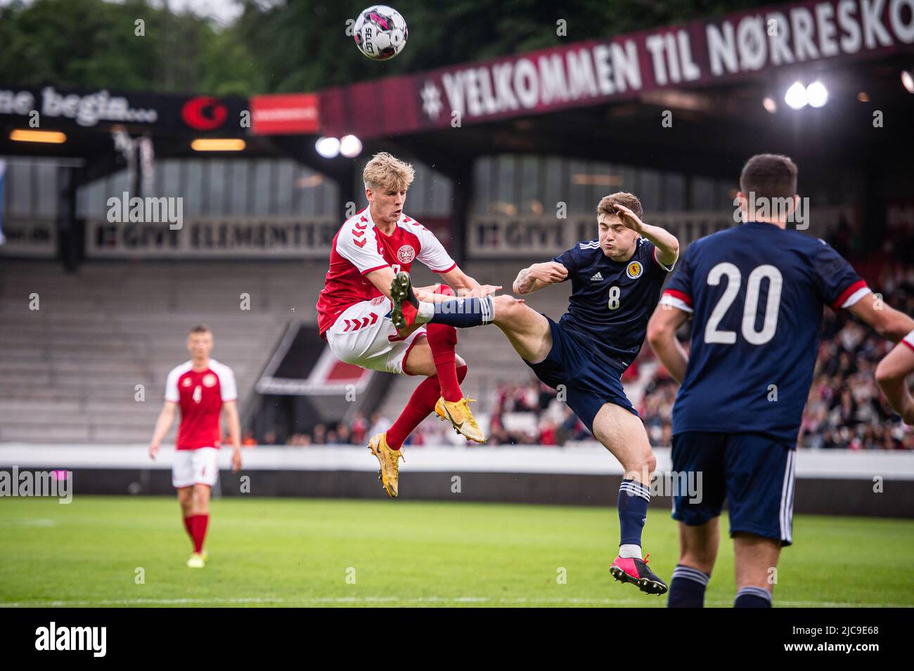 Vejle, Denmark. 10th June, 2022. Albert Gronbæk Erlykke (19) of Denmark and Scott High (8) of Scotland seen during the U21 qualifier match between Denmark and Scotland at Vejle Stadion in Vejle. (Photo Credit: Gonzales Photo/Alamy Live News Stock Photo