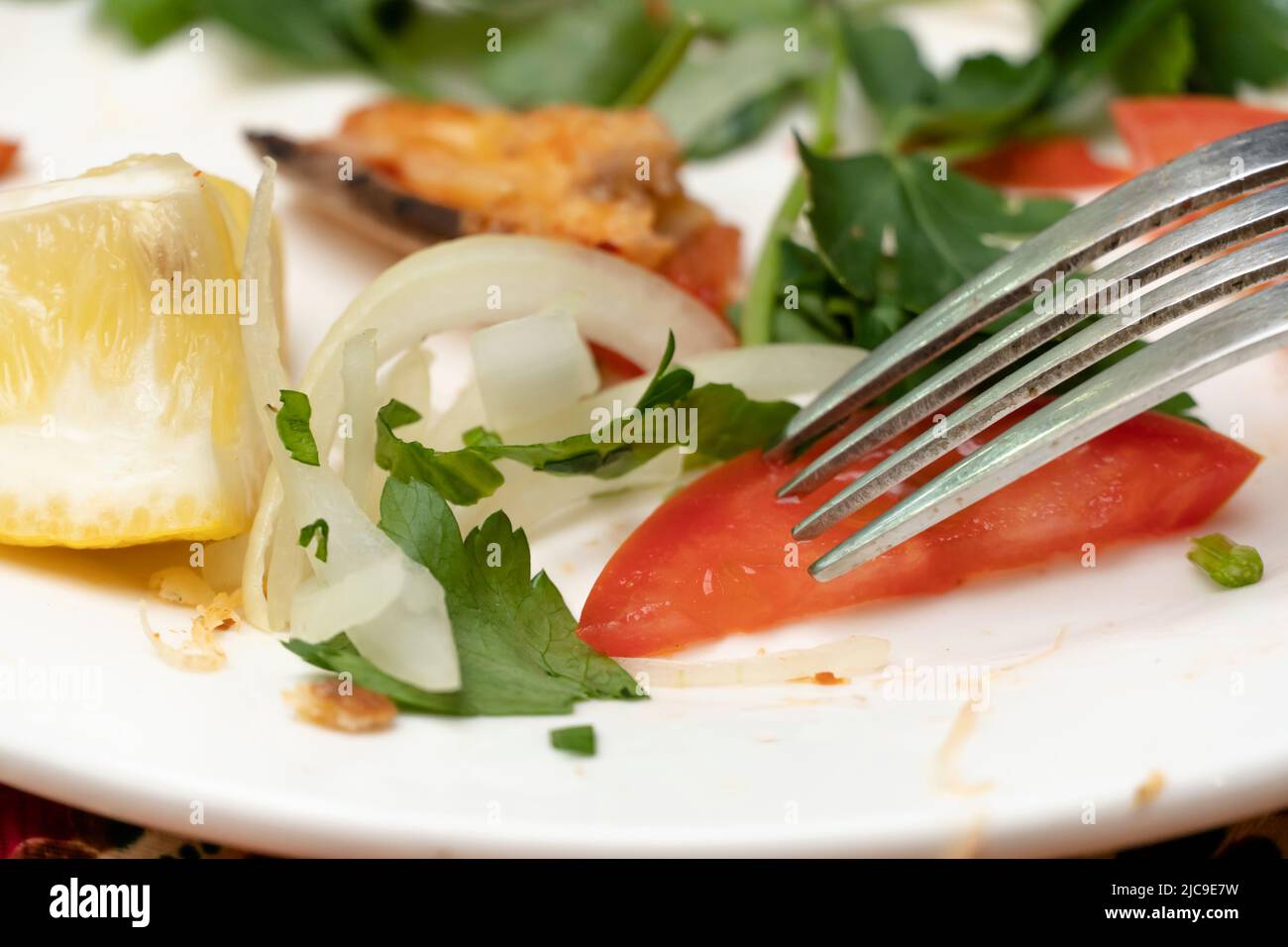 Leftovers on a plate close-up. Eat food with a knife and fork. Delicious lunch, vegetables, proper nutrition. Italian food. Useful menu. Enjoy dinner. Stock Photo