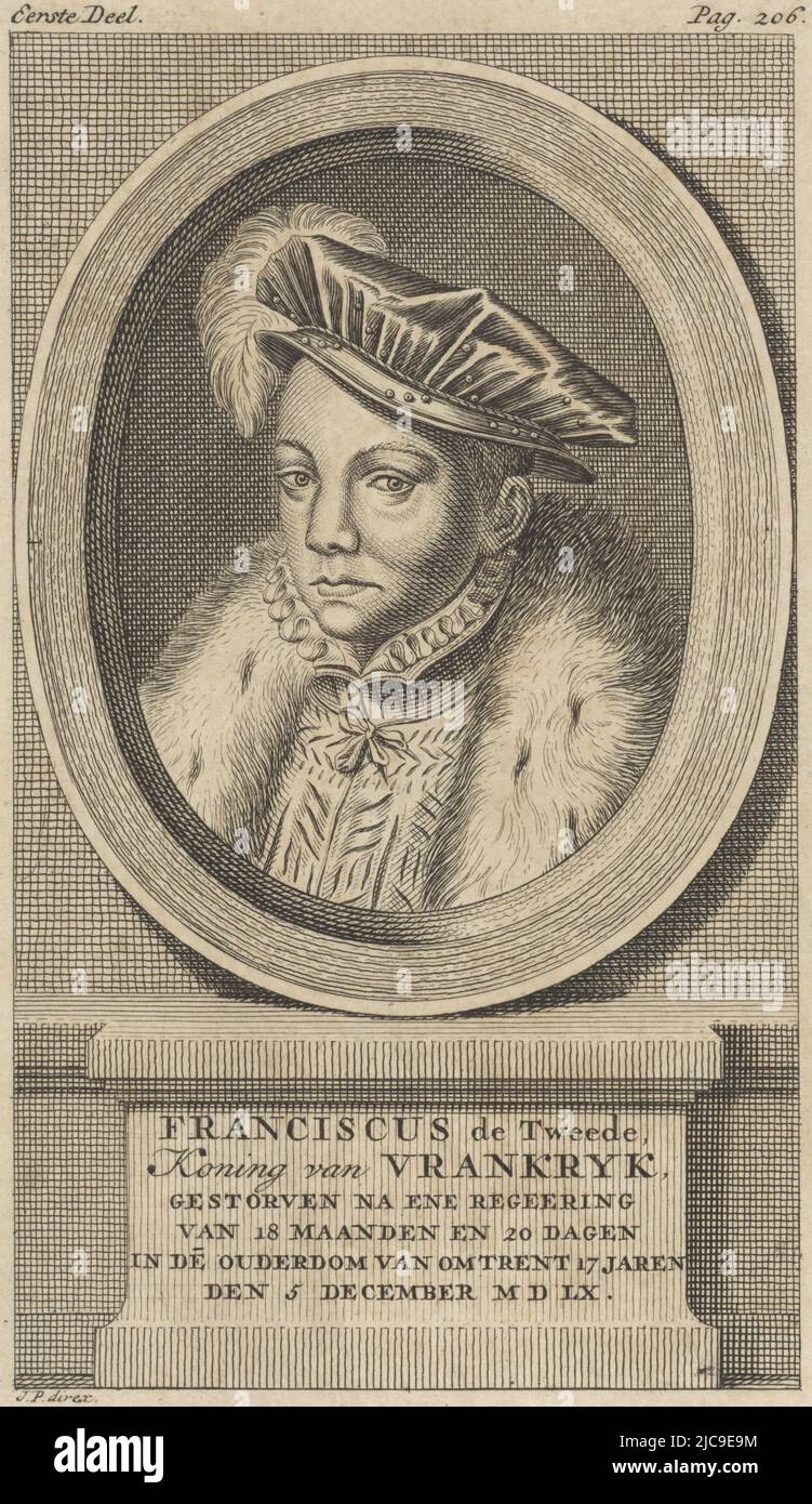 Portrait of Francis II, King of France. On the piedmont his name, position and date of death in Dutch. Portrait of Francis II, King of France, print maker: Jan Punt, Jan Punt, (mentioned on object), Noord-Nederland, 1748, paper, etching, engraving, h 184 mm × w 117 mm Stock Photo