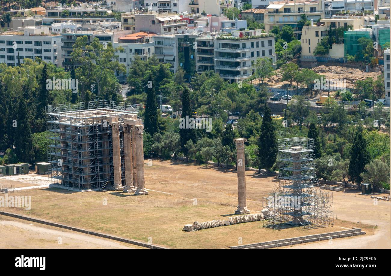 The Temple of Zeus from the site of the Acropolis, Greece Stock Photo
