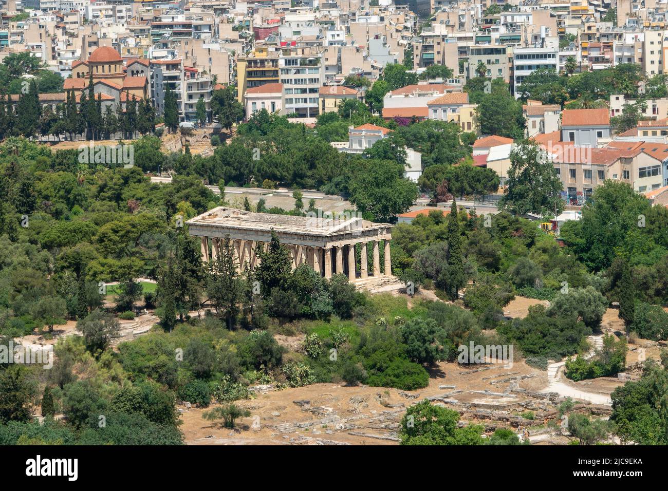 The Hephaisteion - Temple of Hephaestus at the Agora of Athens, Greece. Built circa 450 BCE. Viewed from the Acropolis. Stock Photo