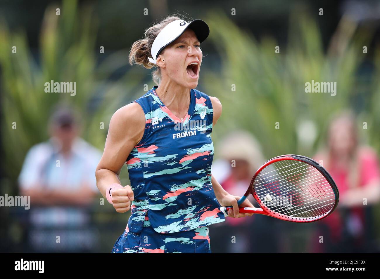 Switzerland's Sui Viktorija Golubic celebrates a point on day eight of the Rothesay Open 2022 at Nottingham Tennis Centre, Nottingham. Picture date: Saturday June 11, 2022. Stock Photo