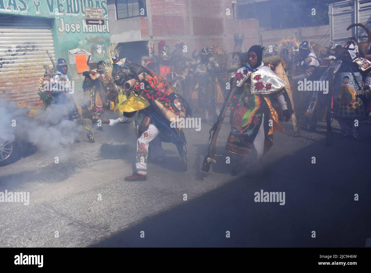 Guns being fired during Carnaval in Huejotzingo, Puebla Mexico Stock Photo