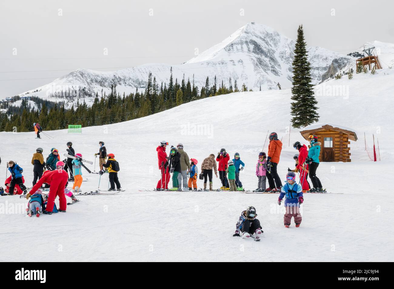 Big Sky, MT, US-January 23, 2022: Children's ski lesson at famous ski resort. Stock Photo