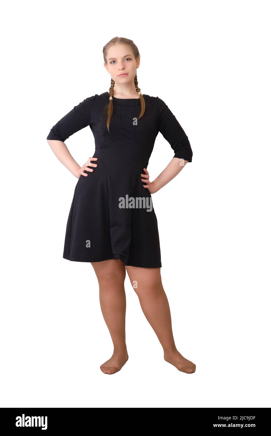 Plus size fashion model in black dress, fat woman isolated on white background, body positive concept Stock Photo