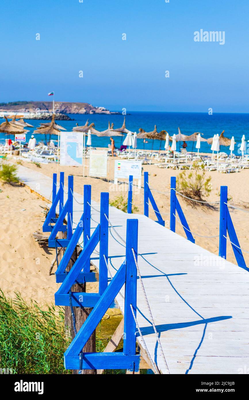 Wooden alley on sand dunes leading to rhe beach, Bulgarian Black Sea Coast,Arkutino beach near Ropotamo nature reserve Stock Photo