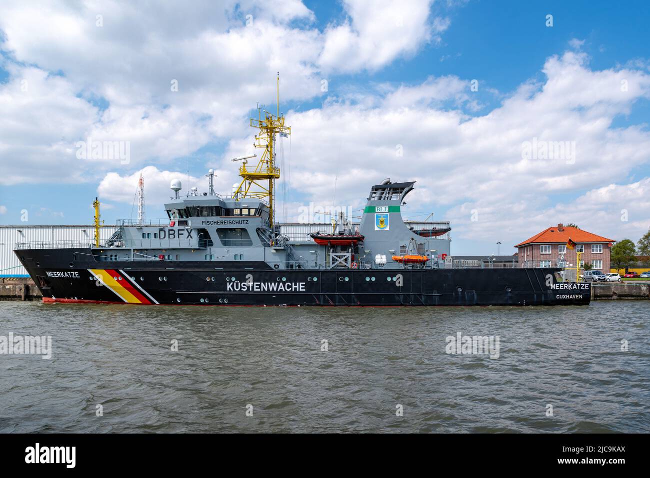 Cuxhaven, Niedersachsen Germany - 05 02 2018: View of the ship Meerkatze, a fisheries protection boat of the German Coast Guard, lying in the port of Stock Photo