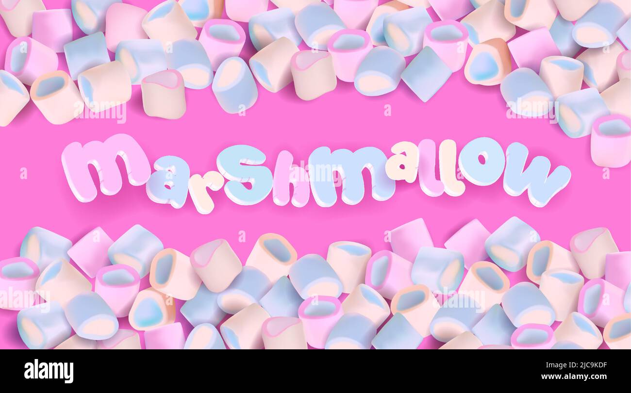 Realistic multi-colored marshmallow on pink background with 3D sign. Colorful blue and pink marshmallows, editable Vector ilustration. Stock Vector