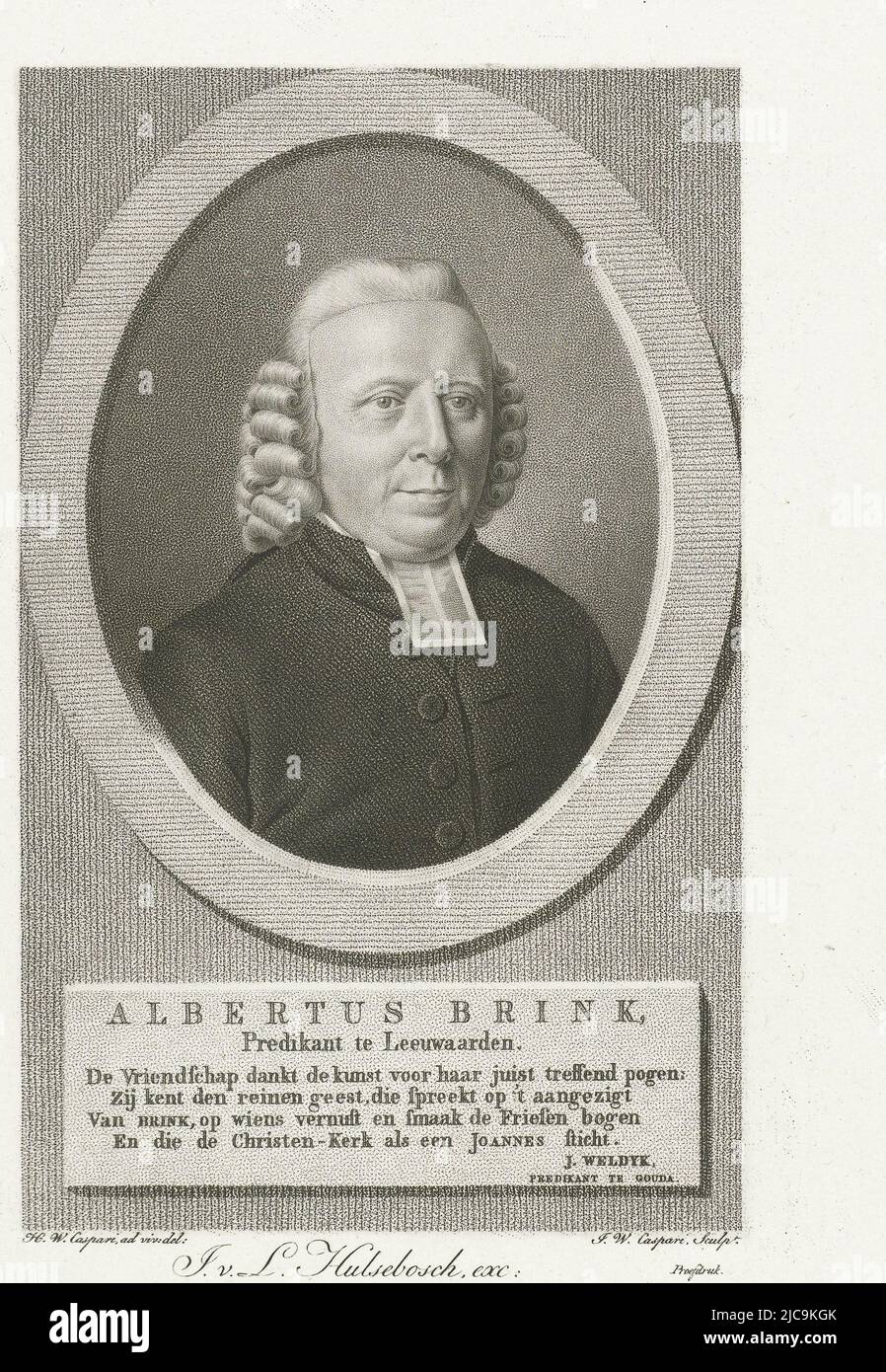 Portrait in oval frame of Albertus Brink, a pastor from Leeuwarden Bust to  the right He wears a preacher's gown with a white beaf The print has a  Dutch inscription with the