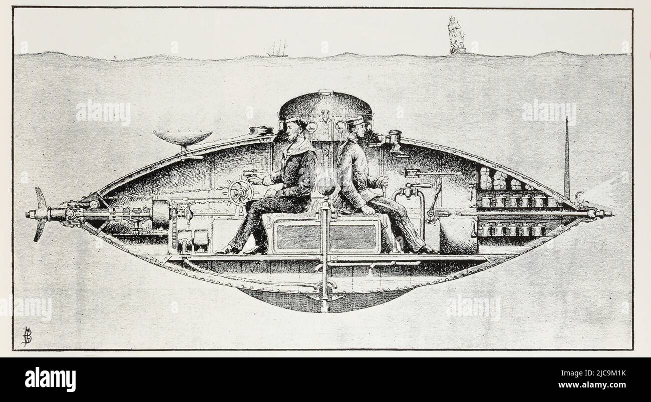 Eng translation : ' THE NEW UNDERWATER TORPEDO BOAT, ADOPTED BY THE RUSSIAN GOVERNMENT ' - Original in French : ' LE NOUVEAU TORPILLEUR SOUS-MARIN, ADOPTÉ PAR LE GOUVERNEMENT RUSSE ' - Extract from ' L'Illustration, Journal Universel ' Vintage French illustrated newspaper 1885 Stock Photo