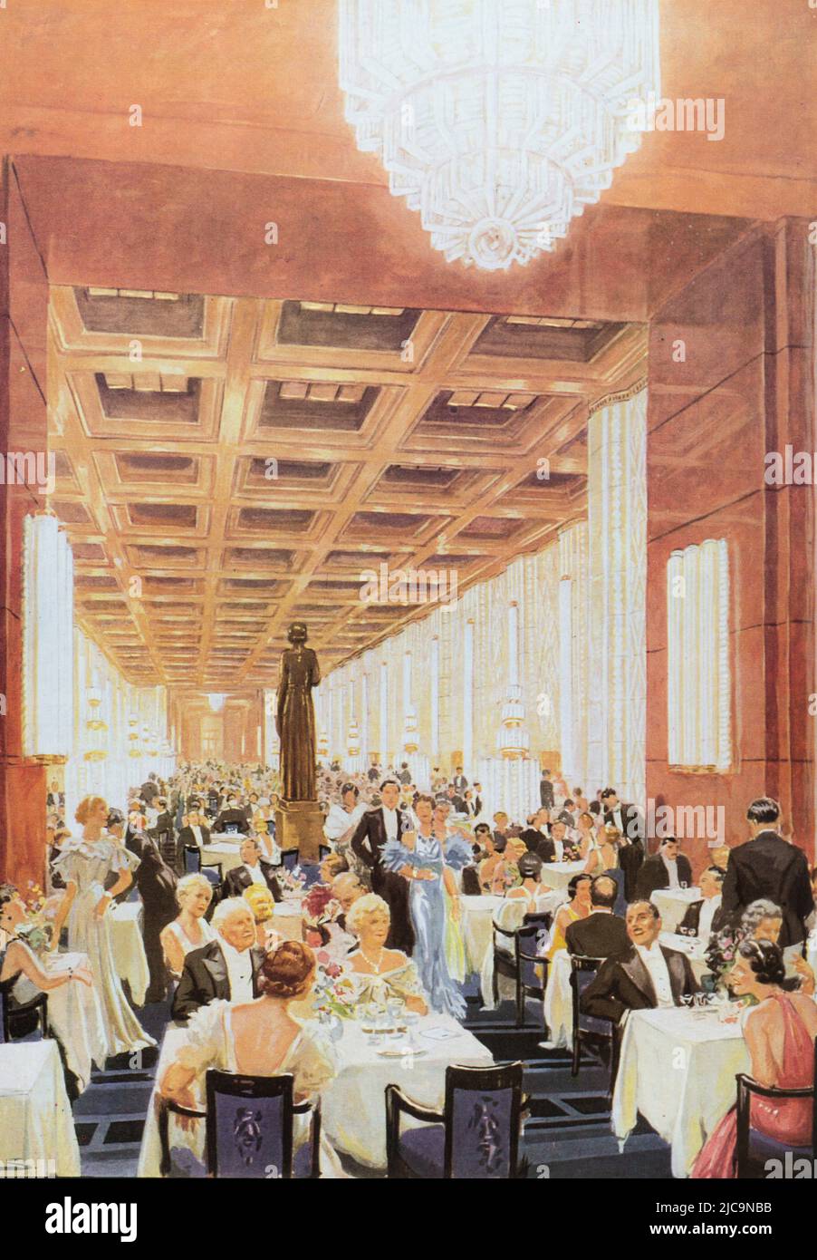 Eng translation : ' The Normandy liner - The first class dining room ' - Original in French : ' Le paquebot Normandie - La salle à manger des premiers classes   ' - Extract from ' L'Illustration, Journal Universel ' Vintage French illustrated newspaper 1935 Stock Photo
