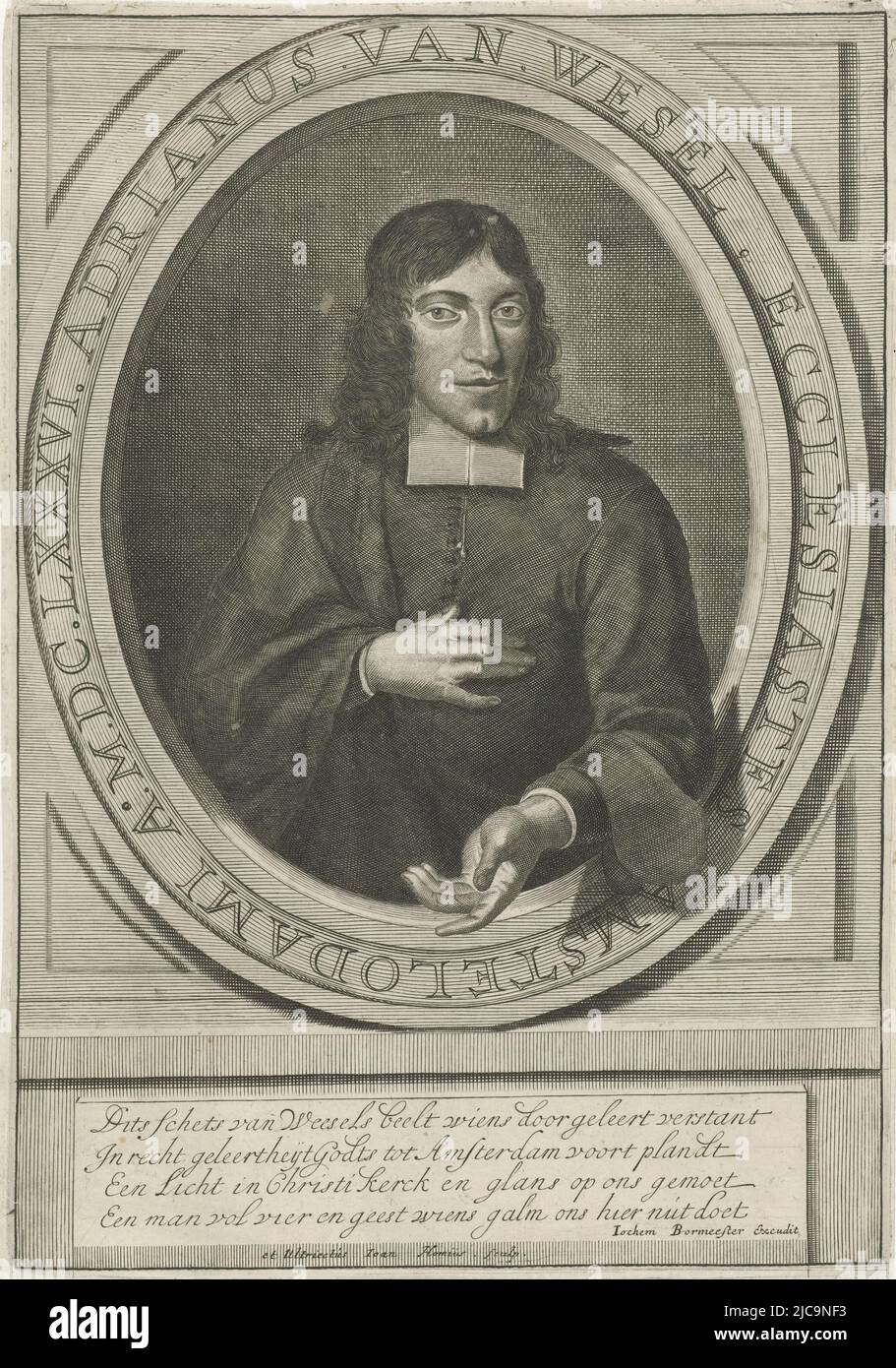 Portrait in half-face of the Amsterdam preacher Adriaan Wesel in an oval with edge lettering in Latin Beneath the portrait four lines in Dutch, Portrait of Adriaan Wesel, print maker: Joan Homius, (mentioned on object), publisher: Jochem Bormeester, (mentioned on object), Amsterdam, 1686, paper, engraving, h 320 mm × w 224 mm Stock Photo