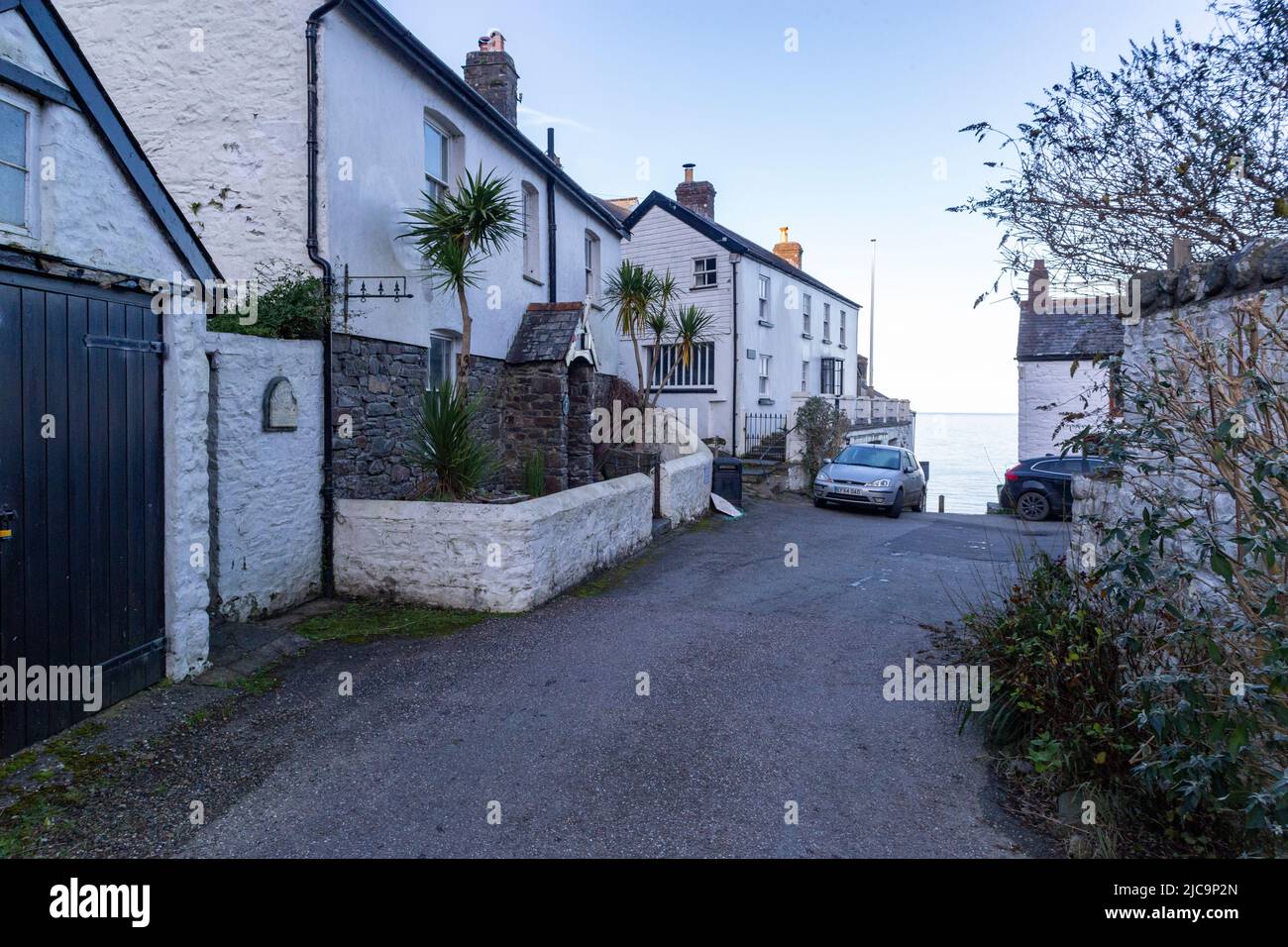 Bucks Mills Village on the North Devon Coast. Road Ends With Cottages and Glimpse of Atlantic Ocean. Stock Photo