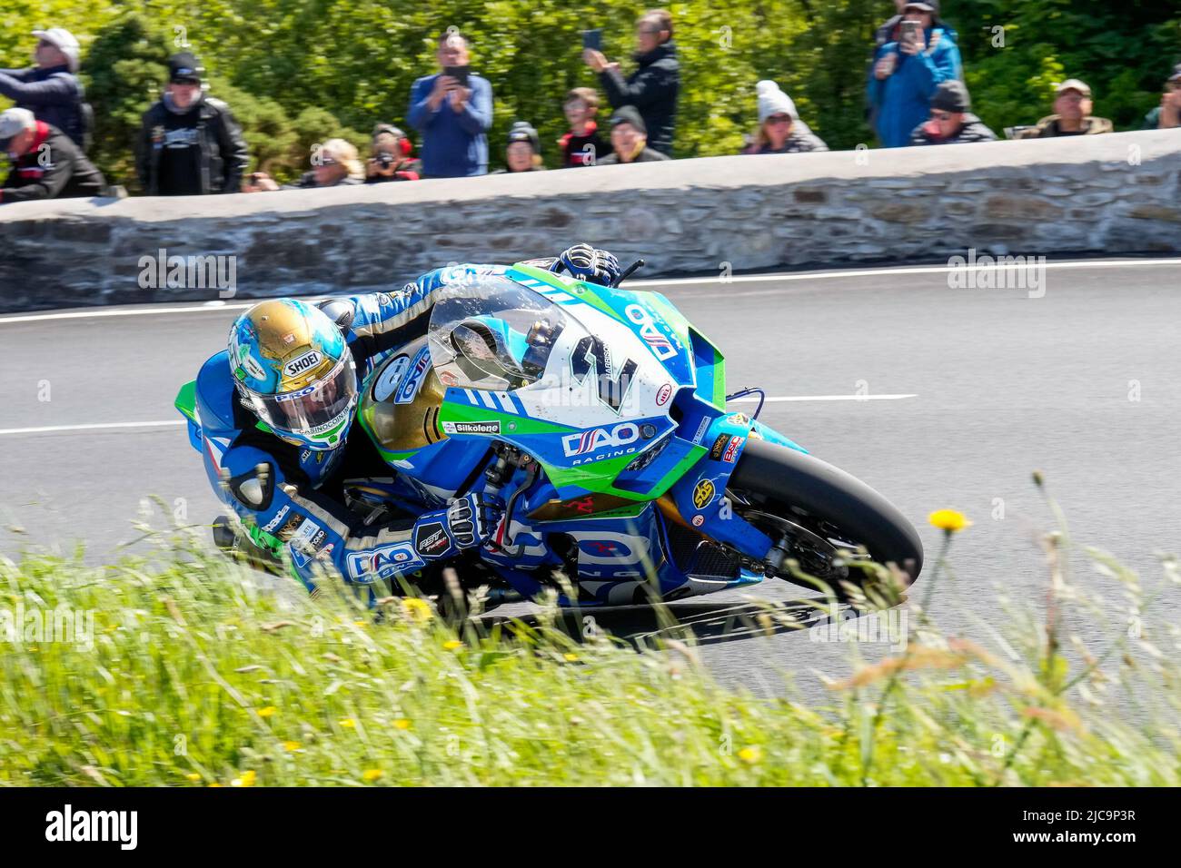 Douglas, Isle Of Man. 11th June, 2022. Dean Harrison (1000 Kawasaki) representing the DAO Racing Kawasaki team on his way to finishing in second place during the 2022 Milwaukee Senior TT at the Isle of Man, Douglas, Isle of Man on the 11 June 2022. Photo by David Horn. Credit: PRiME Media Images/Alamy Live News Stock Photo