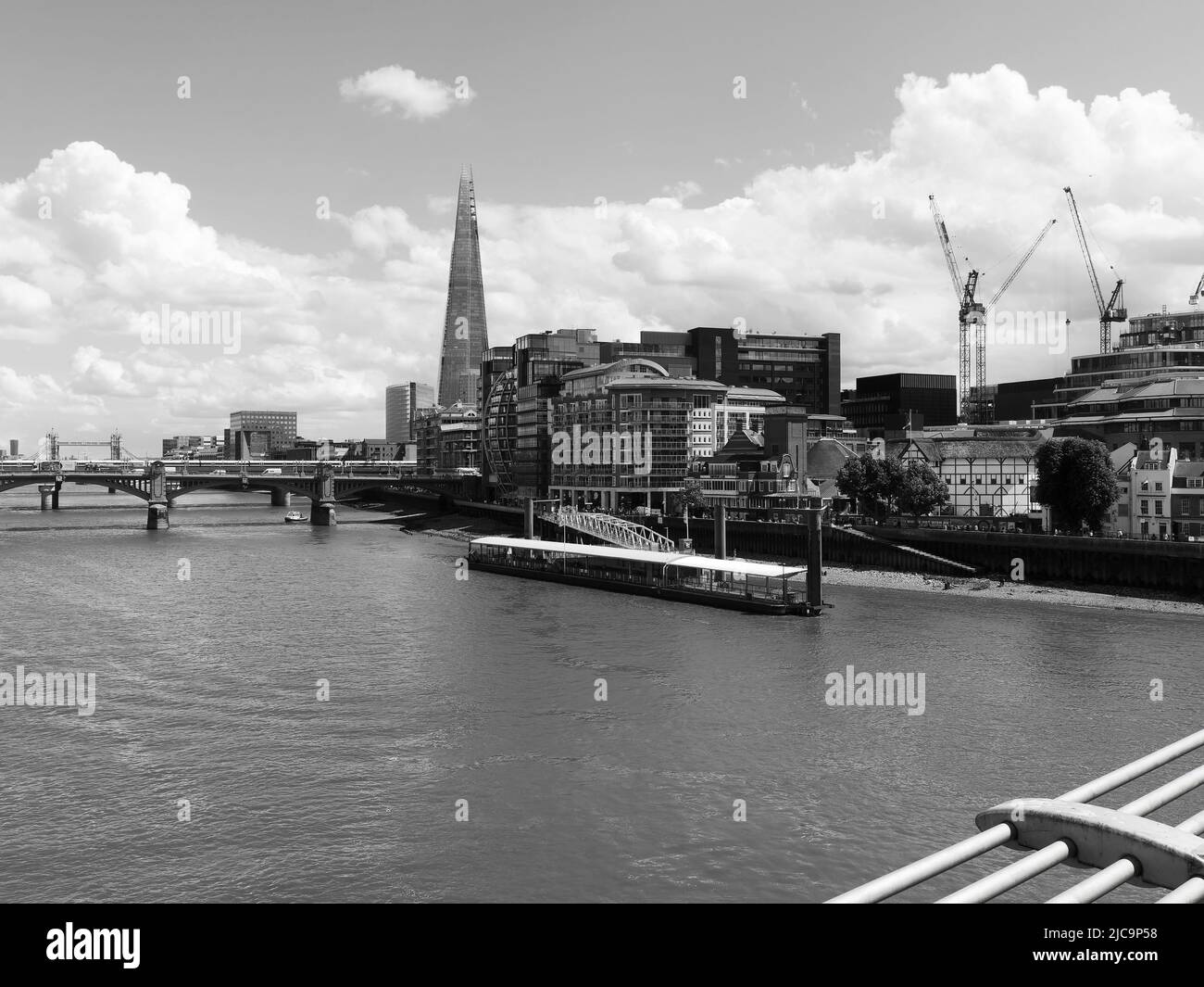 London, Greater London, England, June 08 2022: Monochrome. View towards Southwark including Shakespears Globe Theatre, The Shard skyscraper, with Towe Stock Photo