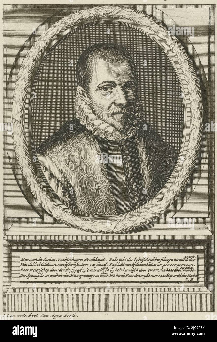 Portrait bust in oval to the right of the preacher Franciscus Junius I, bareheaded and clad in a cloak trimmed with fur The portrait rests on a pedestal on which is an eight-line Dutch verse in two columns, Portrait of Francis Junius I, print maker: Jan Lamsvelt, (mentioned on object), Geeraert Brandt (I), (mentioned on object), Amsterdam, 1696 - 1743, paper, etching, engraving, h 184 mm × w 125 mm Stock Photo