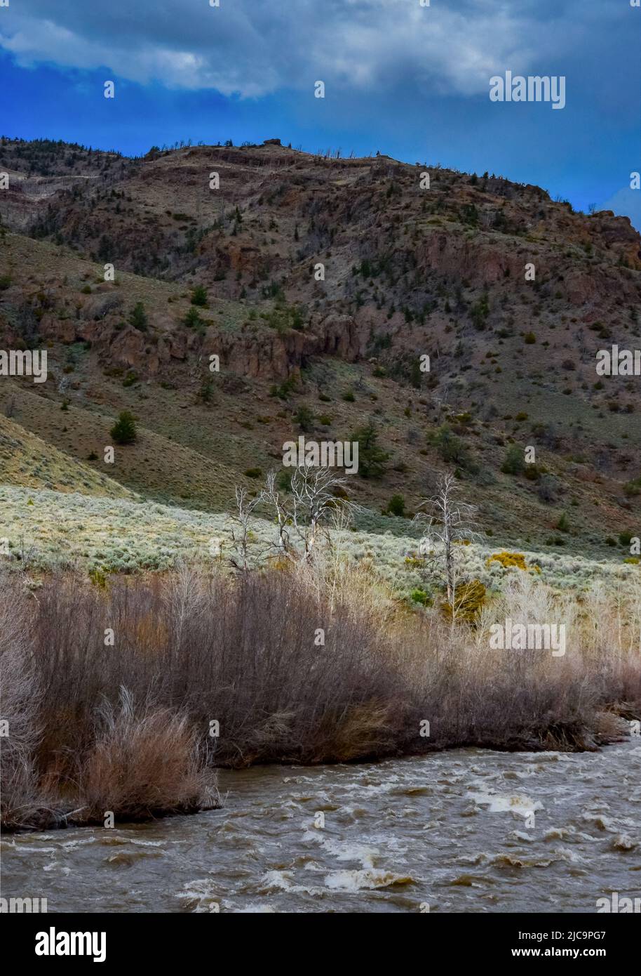 Mountain river with muddy water, melting snow in the mountains