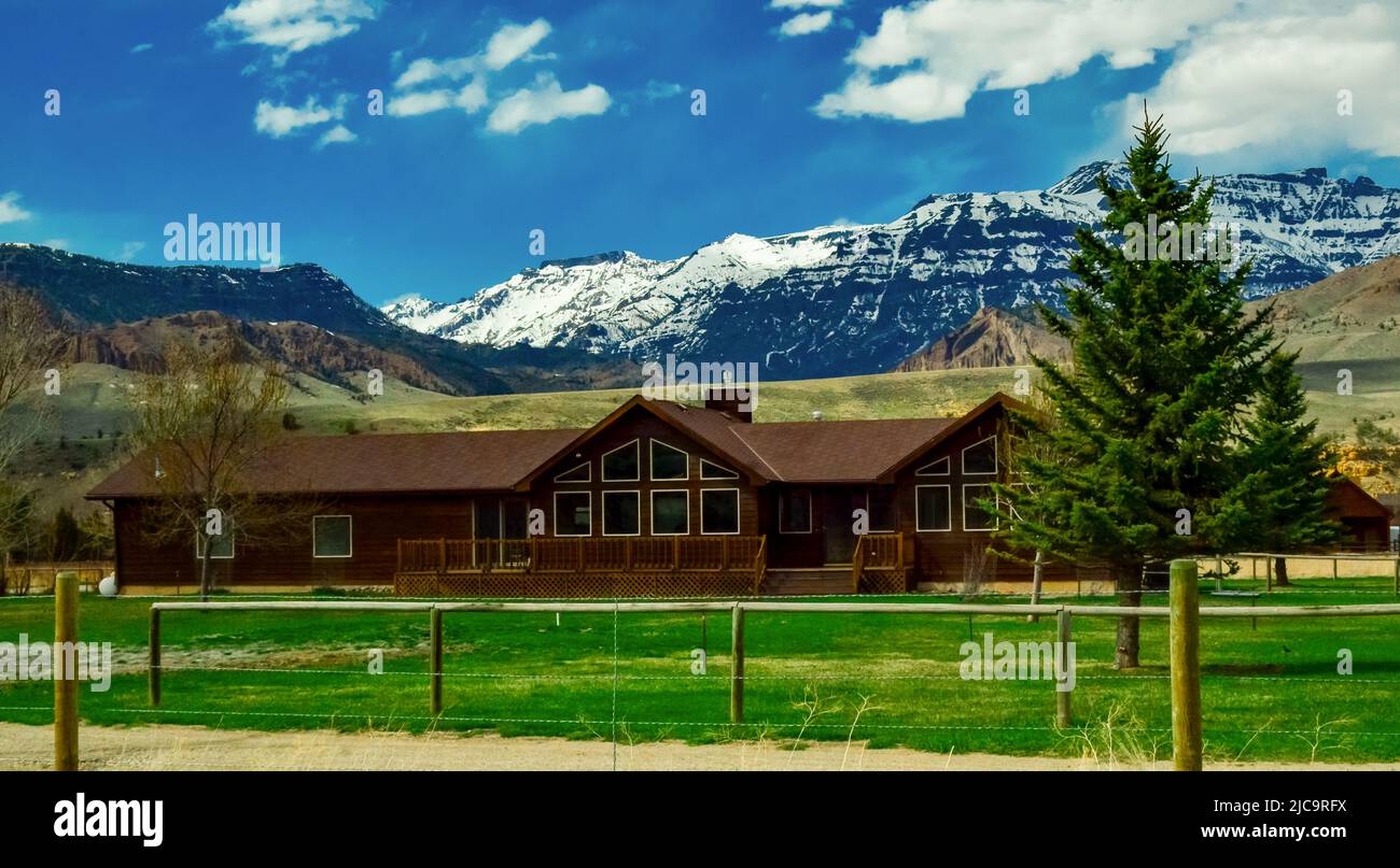 USA, MONTANA - APRIL 28, 2018: Mountain landscape, typical one-story ...