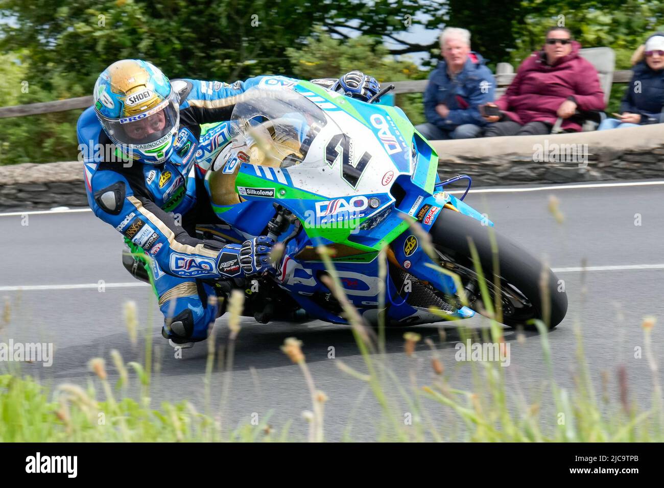 Douglas, Isle Of Man. 11th June, 2022. Dean Harrison (1000 Kawasaki) representing the DAO Racing Kawasaki team with a broken screen after hitting a bird and finishing second during the 2022 Milwaukee Senior TT at the Isle of Man, Douglas, Isle of Man on the 11 June 2022. Photo by David Horn. Credit: PRiME Media Images/Alamy Live News Stock Photo