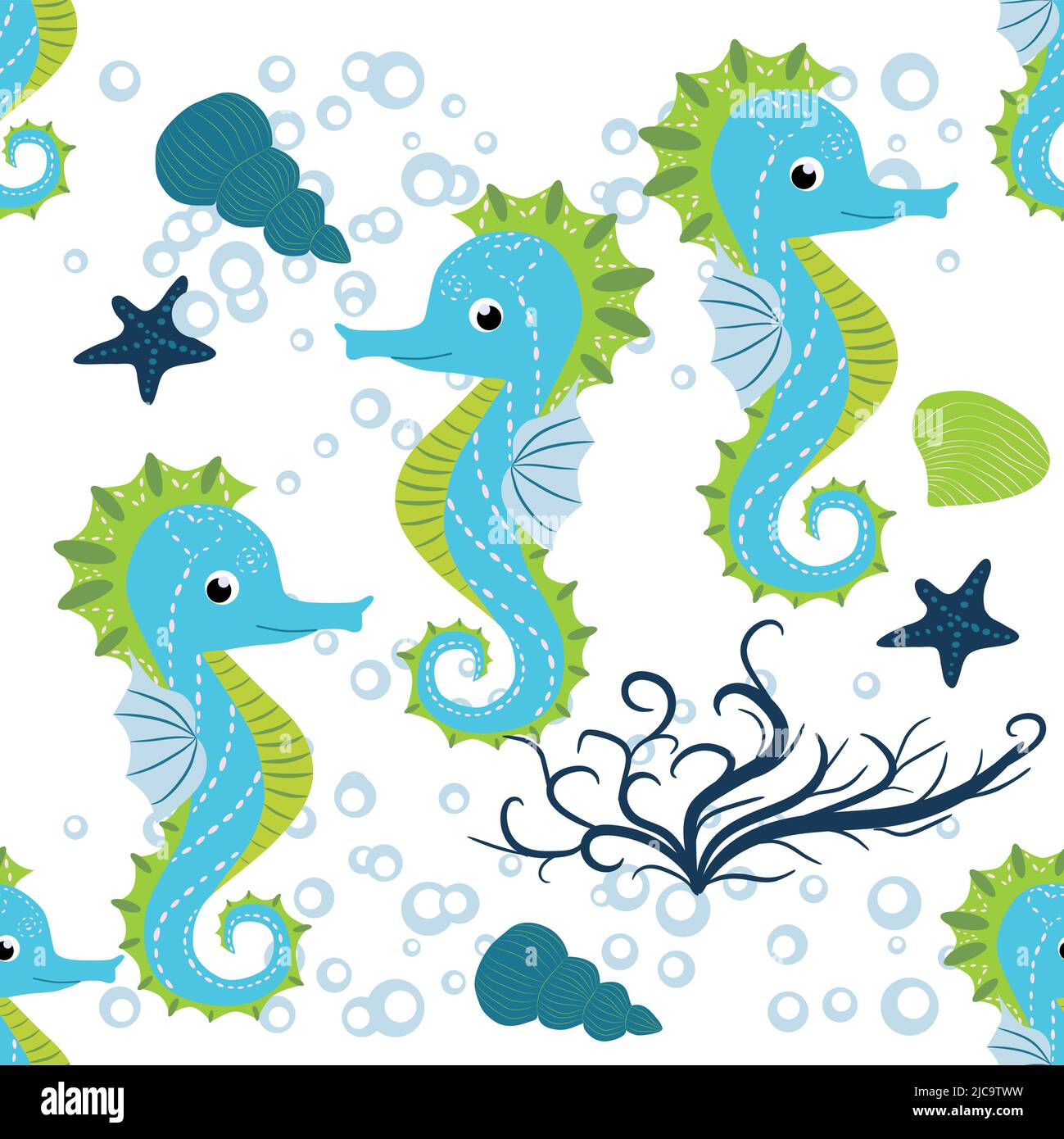 Cute seahorses cartoon seamless pattern. Hand drawn ocean animals ...