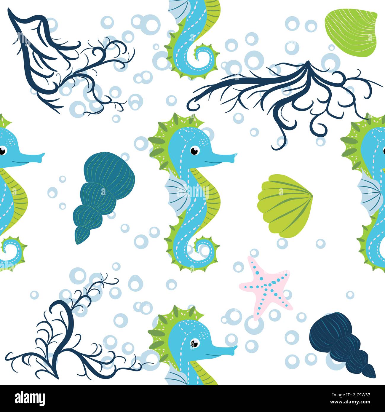 Cute seahorses cartoon seamless pattern. Hand drawn ocean animals ...