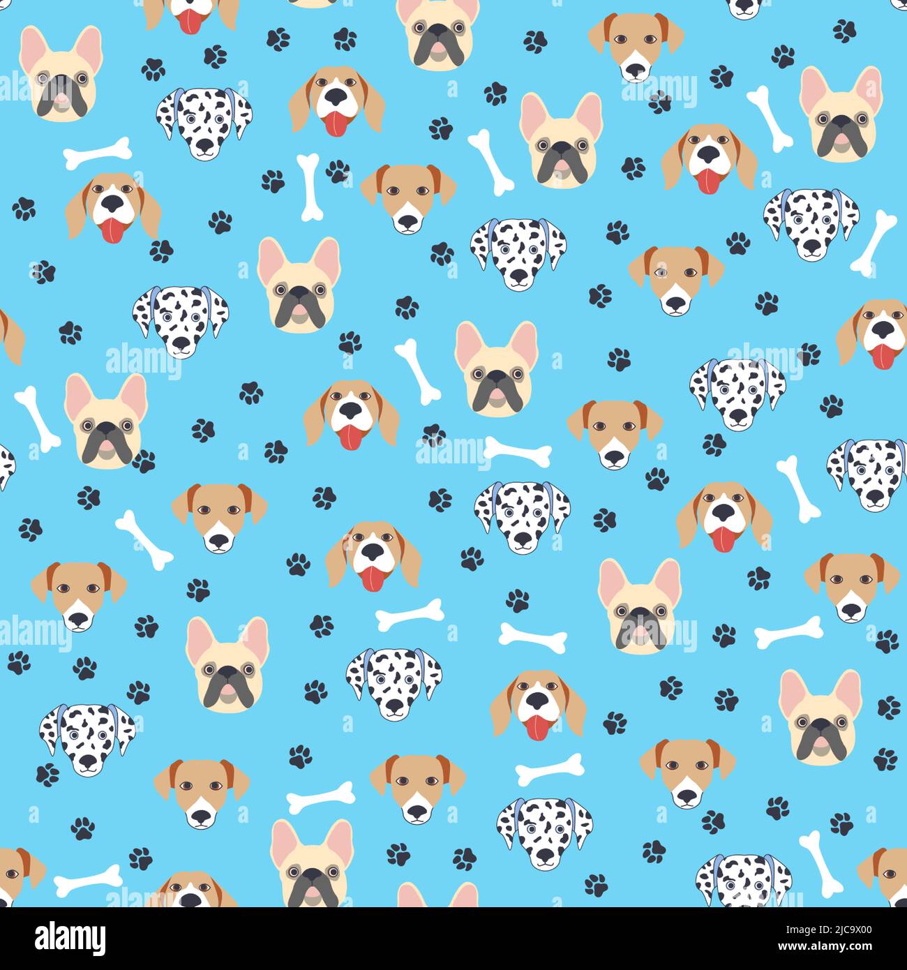 Seamless patterns with cute cartoon dogs muzzles. Dalmatian, Terrier ...