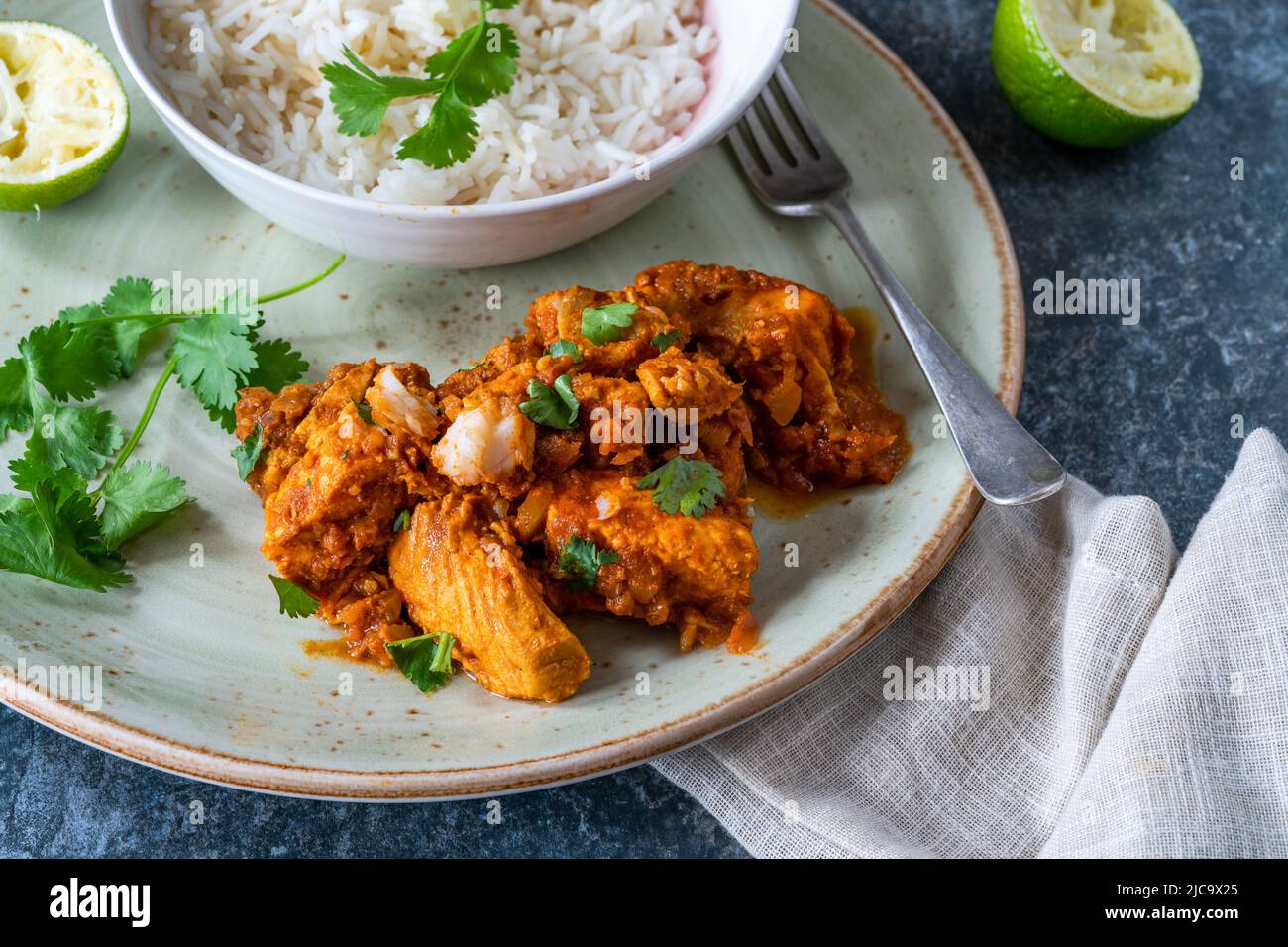 Parsi fish patia with rice - delicious curry from the Parsi community in Bombay Stock Photo