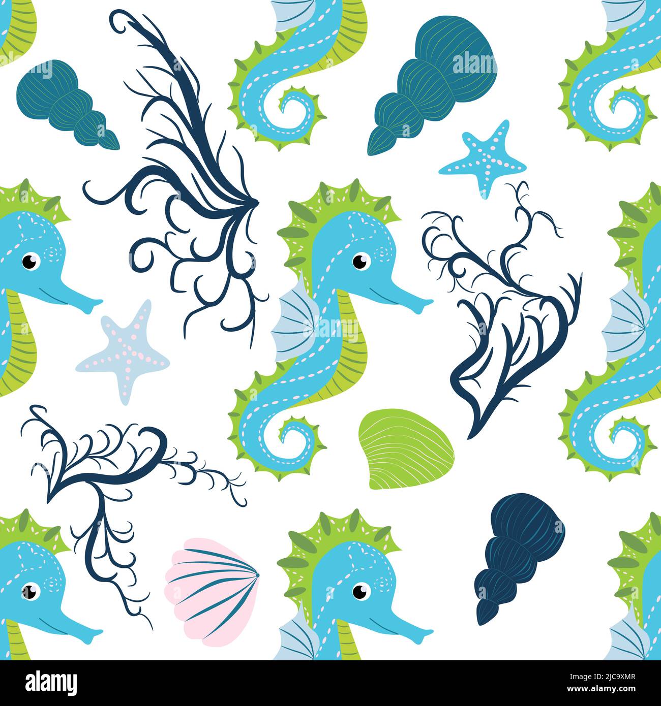 Cute seahorses cartoon seamless pattern. Hand drawn ocean animals ...