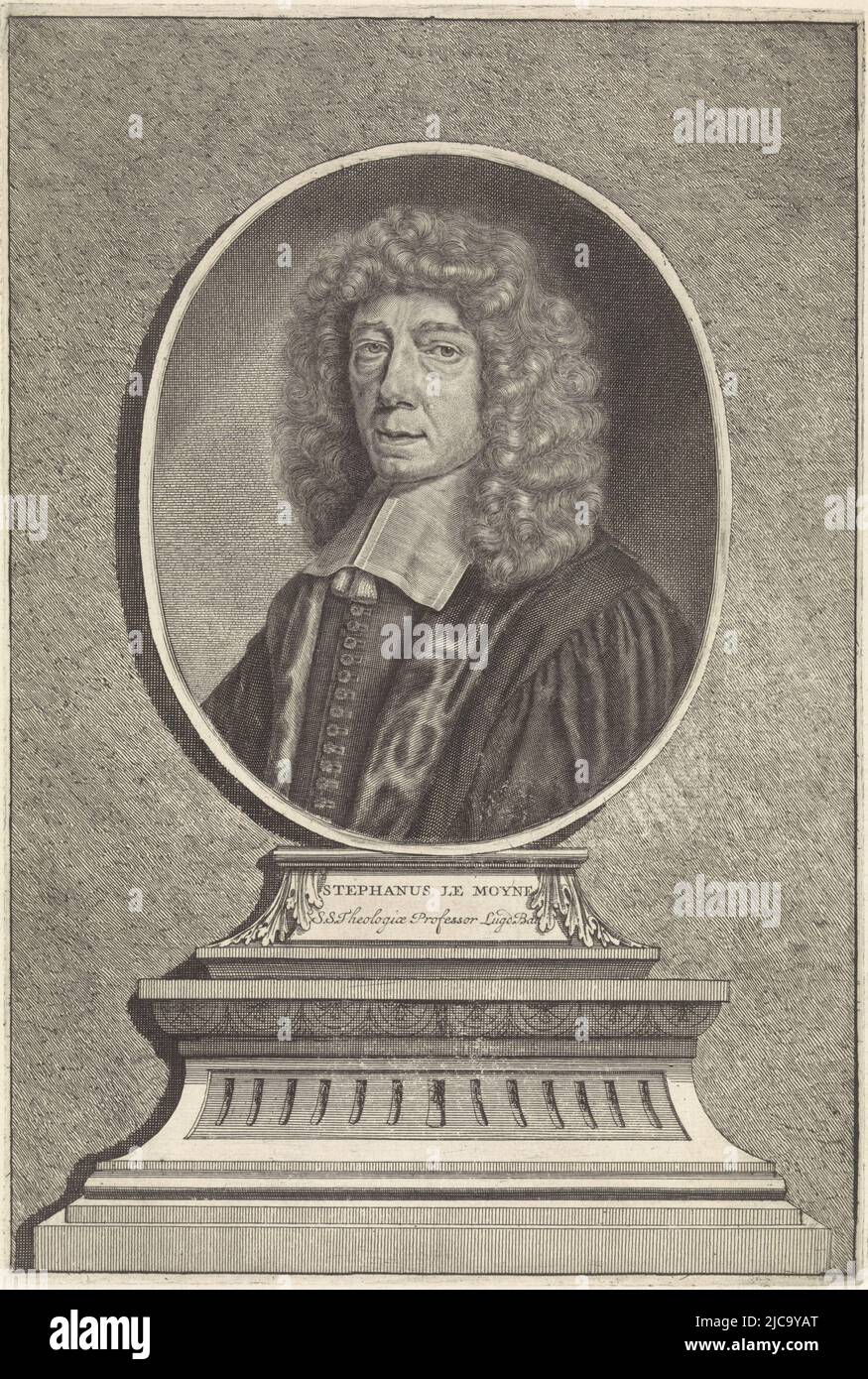 Portrait of Etienne le Moine, professor of theology and pastor in Leiden, on a pied-a-terre, Portrait of Etienne le Moine, print maker: Anthony van Zijlvelt, publisher: Pieter van der Aa (I), print maker: Amsterdam, publisher: Leiden, 1687 - 1691 and/or 1714 - 1720, paper, engraving, etching, h 272 mm × w 182 mm Stock Photo