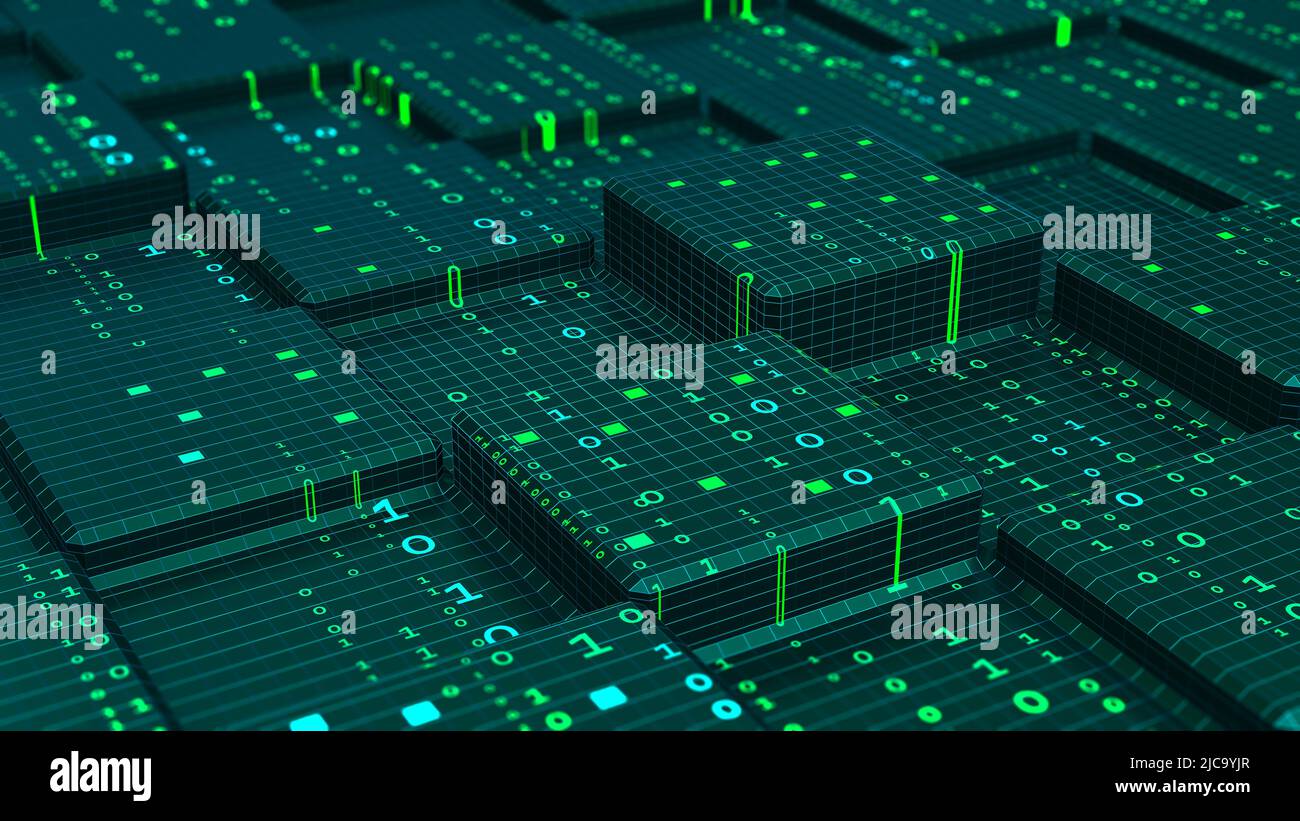 Machine code, software compiler 3D illustration. Flow of binary code in ...