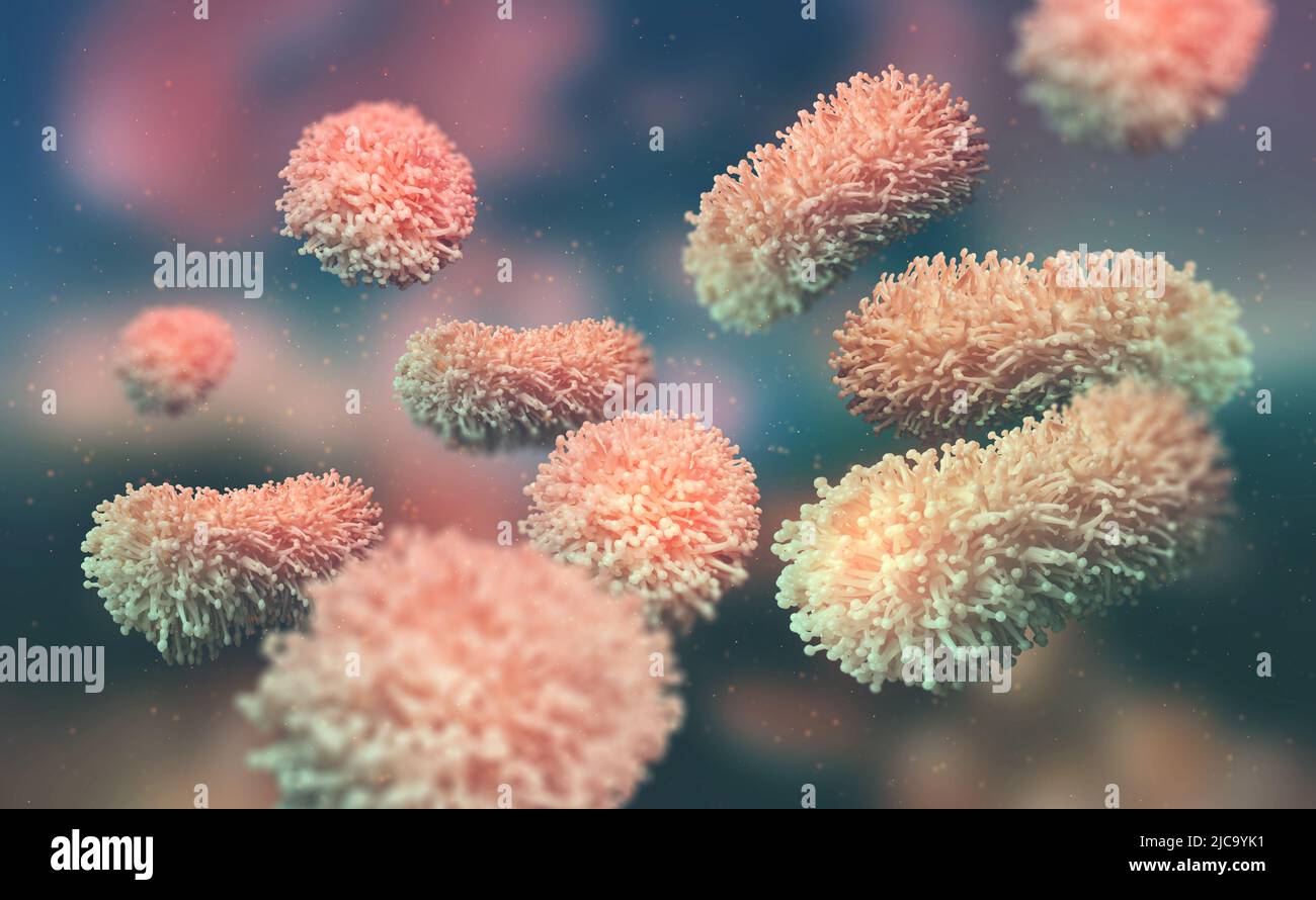 Germs microorganism cells under microscope. Viruses, bacteria and microbes. Abstract backdrop. 3d illustration on the topic of microbiology research Stock Photo