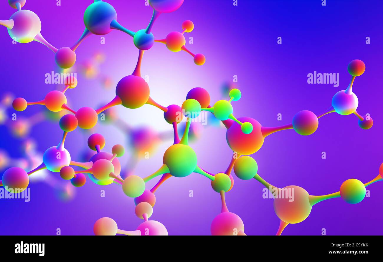 Neon molecular mesh design. Purple ultraviolet. 3D illustration of an abstract colorful molecule Stock Photo