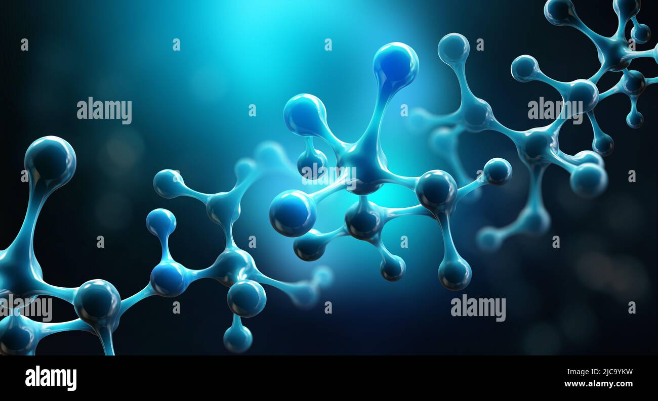 Molecule 3D illustration. Cell therapy in medicine. Nano technology and research. Crystalline lattice under microscope. Cellular structure Stock Photo