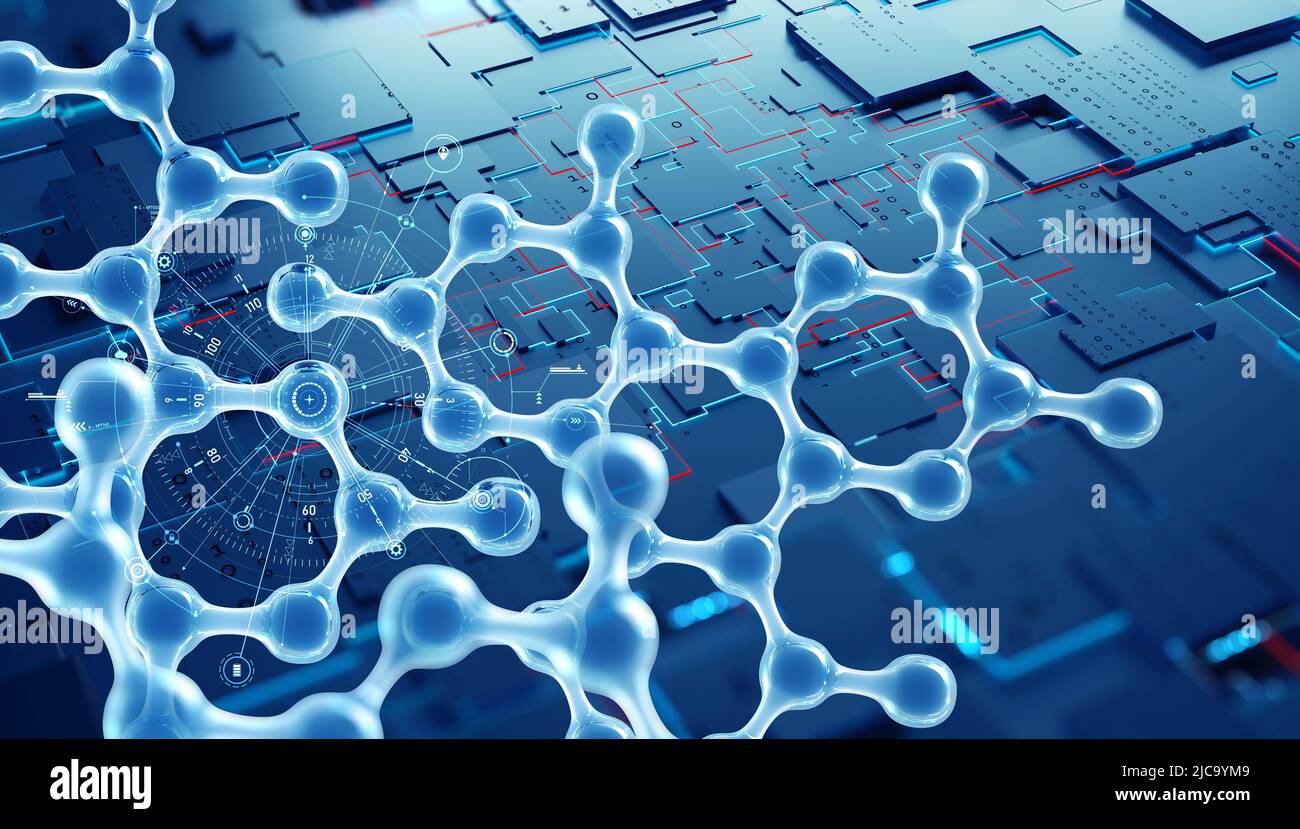 Molecular technology 3D illustration. Computer circuit, nano structure, cyber research. Laboratory testing, virtual experience Stock Photo