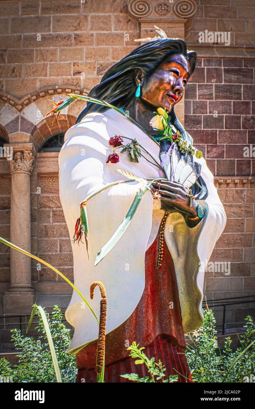 2017 07 19 Santa Fe NM USA - Kateri Tekakwitha Colored bronze statue Patron Saint of the Environment Honored in Santa Fe first Native American woman t Stock Photo