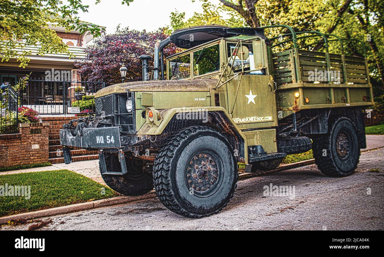 2021 05 08 Tulsa USA Dirty grungy large Heavy duty former US Army Truck with sign Hip and Knee Doctor on side and machine gun platform on top and for Stock Photo