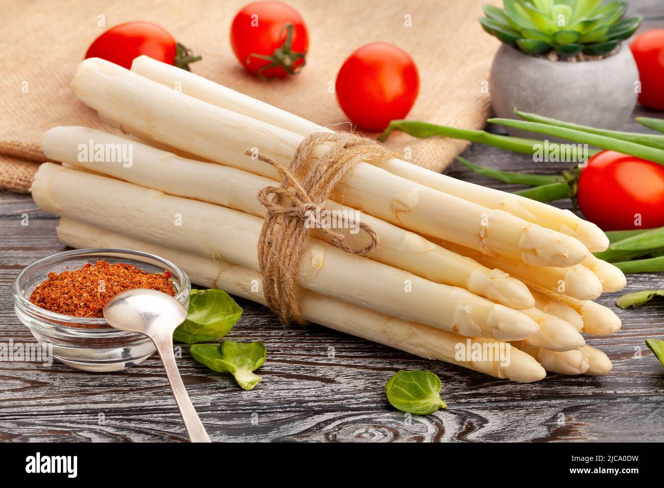 white asparagus on wood background Stock Photo