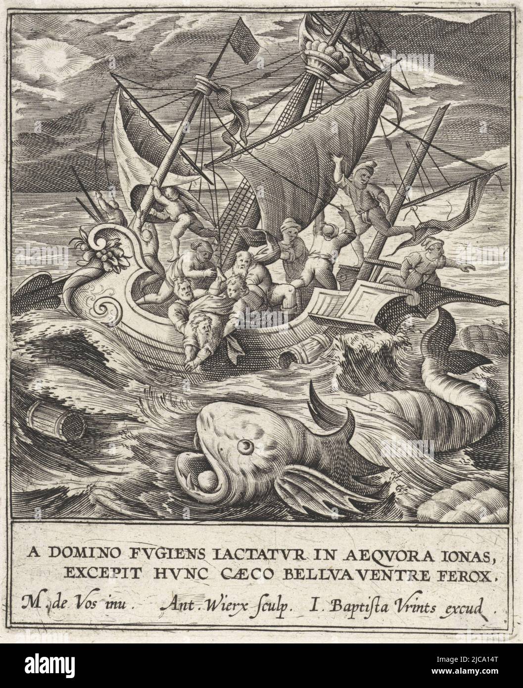The ship on which Jonah is sailing is ravaged by a severe storm Jonah asks the sailors to throw him overboard to appease God's anger A large fish swims in front of the ship In the margin a two-line caption in Latin, Jonah is thrown overboard by the sailors History of Jonah , print maker: Antonie Wierix (II), (mentioned on object), Maerten de Vos, (mentioned on object), publisher: Johannes Baptista Vrints (I), (mentioned on object), Antwerp, 1579 - before 1611, paper, engraving, h 110 mm × w 90 mm Stock Photo