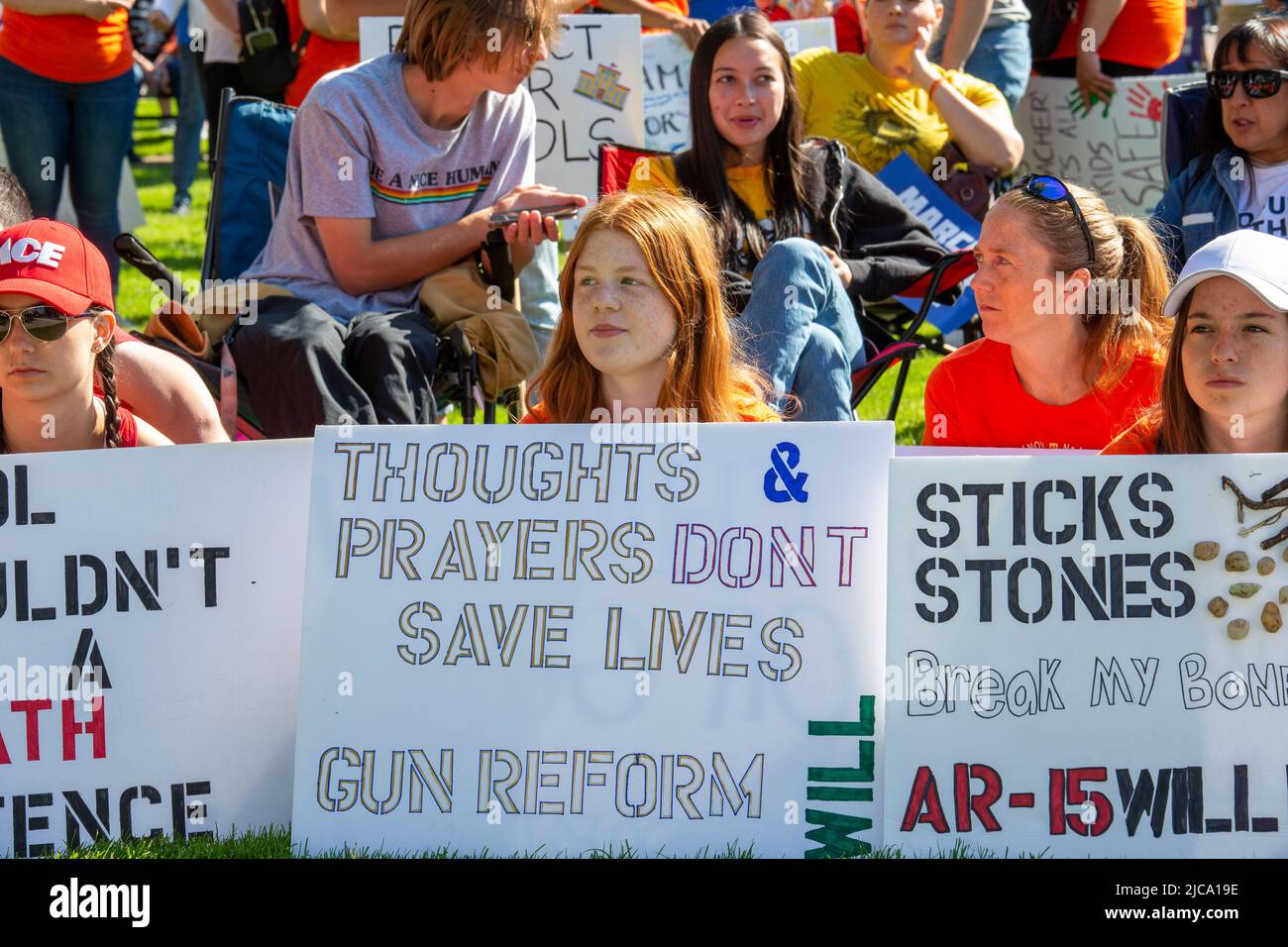 Oxford, Michigan, USA. 11th June, 2022. Hundreds rallied for tighter gun control laws in the town where four students were shot and killed at Oxford High School in November 2021. It was one of many rallies organized by March for Our Lives across the country protesting gun violence and mass shootings. The Oxford rally was organized by the student group No Future Without Today. Credit: Jim West/Alamy Live News Stock Photo
