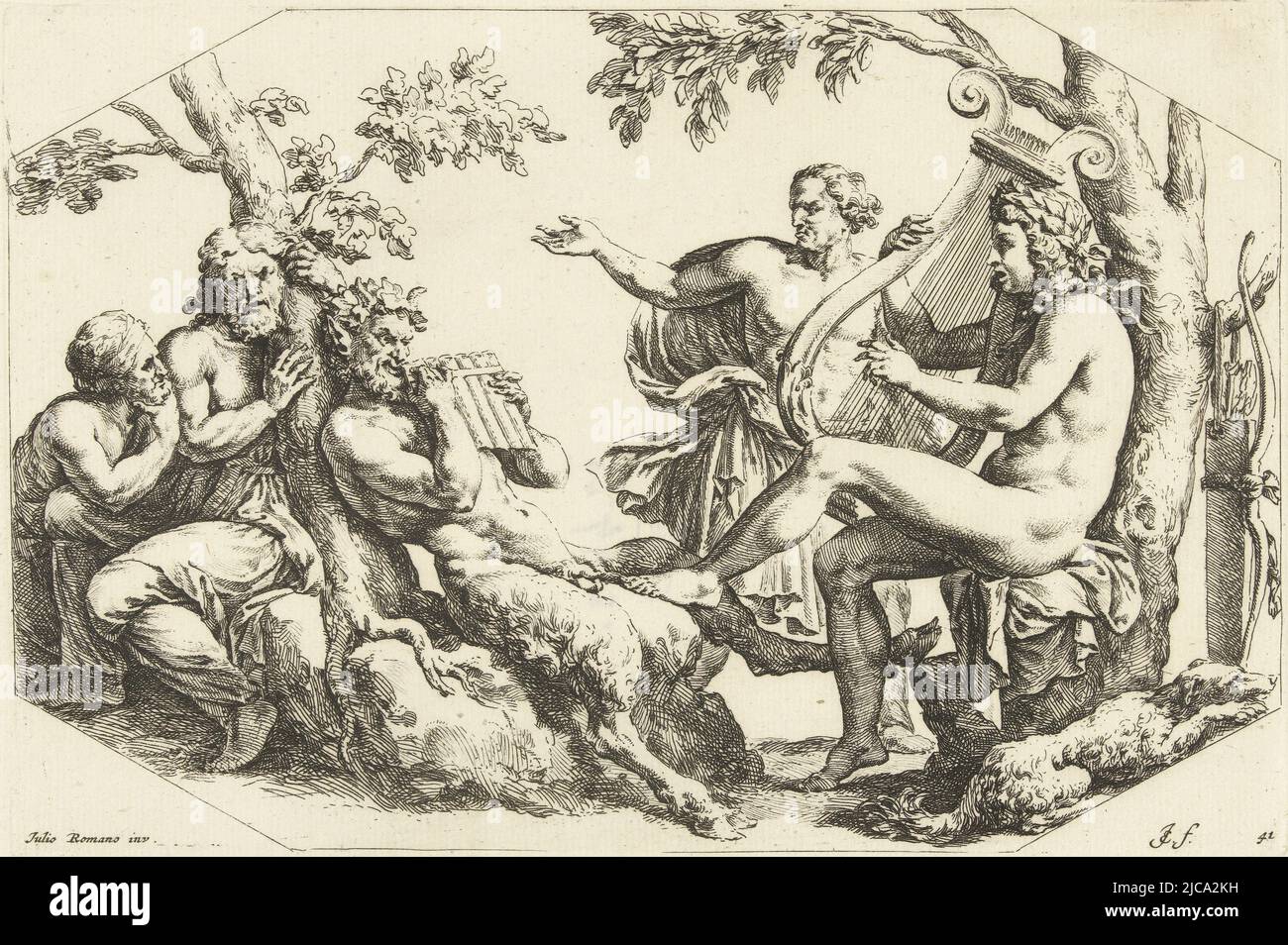 The god Apollo and the satyr Pan compete in a musical contest Pan plays a pan flute and Apollo his lyre On the left are two listeners and behind the participants is an umpire, The Contest between Apollo and Pan Music contest between Apollo and Pan Paradigmata graphices variorum artificum , print maker: Jan de Bisschop, (mentioned on object), Giulio Romano, (mentioned on object), Northern Netherlands, 1668 - 1671, paper, etching, h 156 mm × w 225 mm Stock Photo