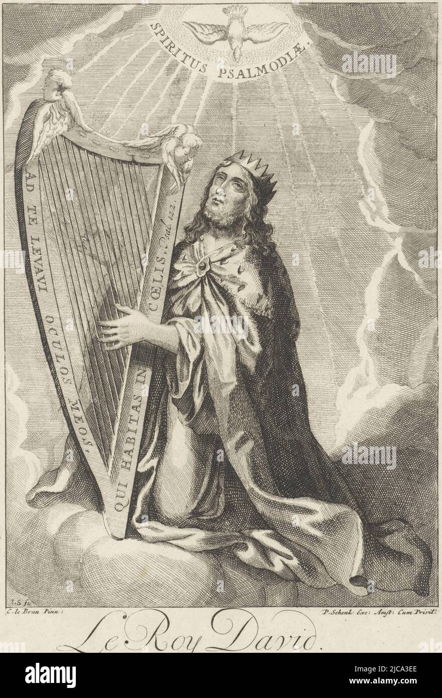 King David kneels on a cloud He plays a harp, which is decorated with two Cherubim? and a text from Ps 122 Above him, a dove descends from heaven Below that is a Latin text indicating that it is a variant of the Holy Spirit, namely the Psalm Spirit, King David as psalm singer Le Roy David , print maker: Leonard Schenk, (mentioned on object), after: Charles Le Brun, (mentioned on object), publisher: Pieter Schenk (II), (mentioned on object), print maker: Amsterdam, after: Paris, publisher: Amsterdam, 1710 - 1767, paper, etching, h 277 mm × w 185 mm Stock Photo