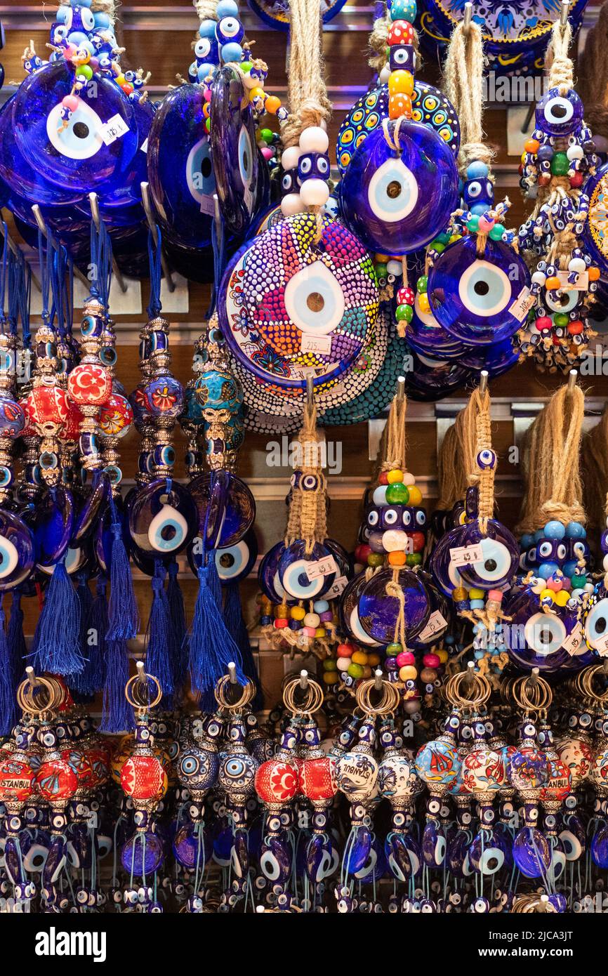 Blue evil eye nazar or amulets for sale in Istanbul, Turkey Stock Photo